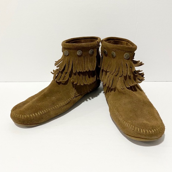 Minnetonka Double Fringe Suede Moccasin Booties - Picture 3 of 12